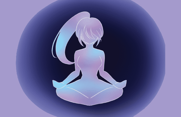 A silhouette of a female-presenting figure sitting in the lotus position.