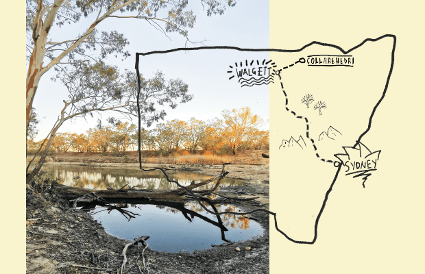 Photo of the Murray Darling Basin, with little water. Drawn on top is a sketched map of NSW mapping the drive from Sydney to Collarenebri