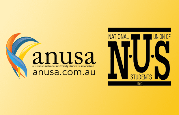 A graphic featuring the logos of ANUSA and the NUS on a yellow background