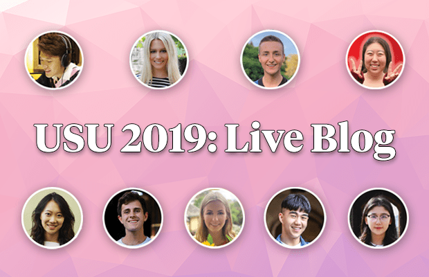 All nine candidates over a pink background with the test "USU 2019: Live Blog" in the middle