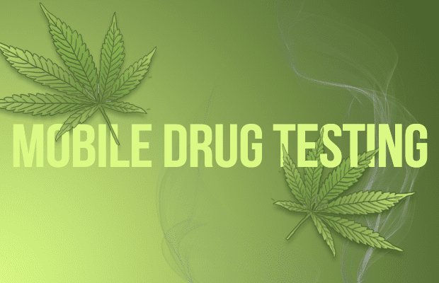 The words "Mobile Drug Testing" over a green background with illustrations of marijuana leaves and smoke overlaying the text