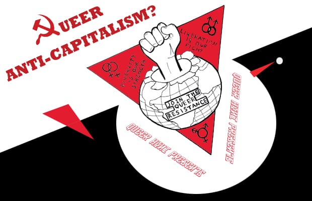 Queer Resistance logo smashing through the darkness with the text "Queer Anti-Capitalism" above