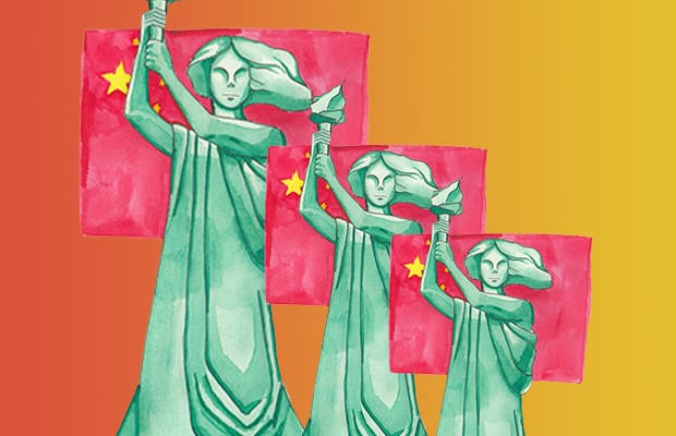 Three "Goddesses of Democracy", a statue that symbolise the Tiananmen protests, over a red yellow gradient.