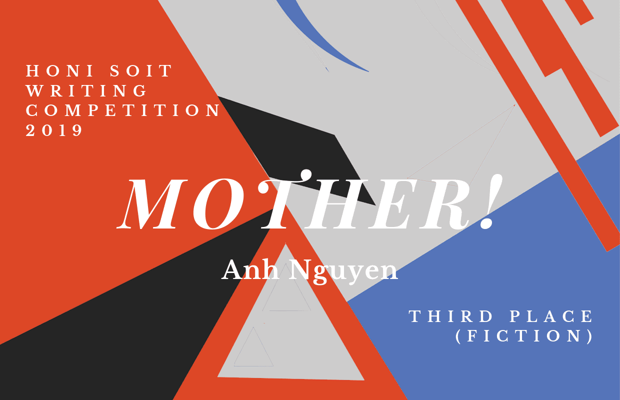 An abstract background of red, black, grey and blue, with triangles, lines and crescents. The main text says "Mother!"