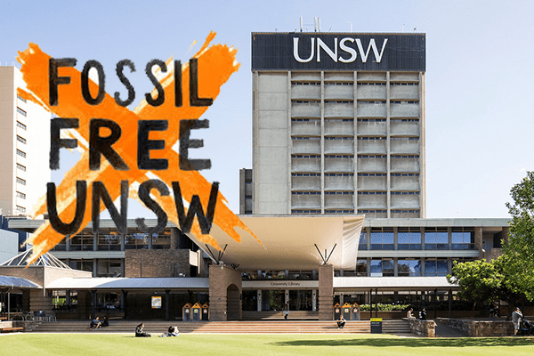 A photograph of UNSW campus library and a tower behind it with the initials UNSW at the top. Superimposed upon the photo is the Fossil Free UNSW logo: the words Fossil Free UNSW stacked on top of each other with an orange cross behind it.