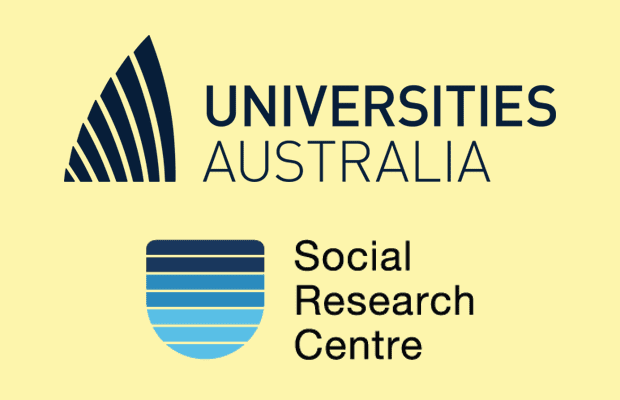 Graphic with yellow background, and the logos for Universities Australia and the Social Research Centre