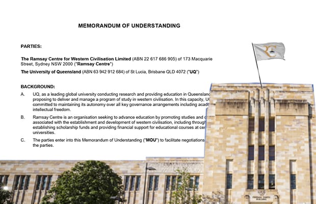 A photo of a building from the University of Queensland has text from the Ramsay Centre Memorandum of Understanding superimposed on top of it.