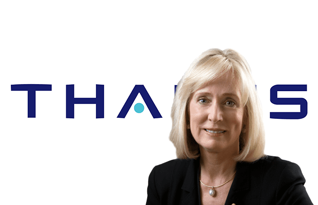 A head shot of Belinda Hutchinson superimposed over the Thales logo on a white background