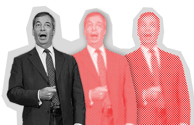 An artistic graphic depicting Nigel Farage three times; in the second two images he is depicted in stylised red dots