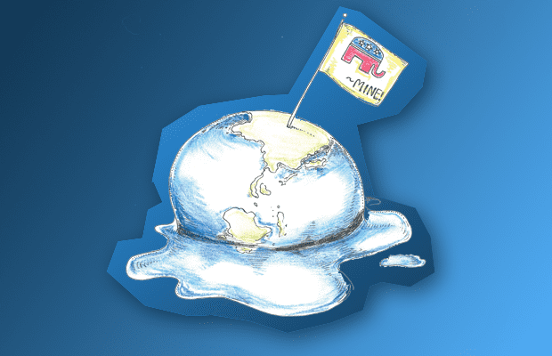 An illustration of a melting globe with a Republican flag in it.