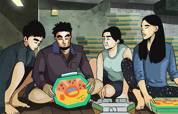 an illustrated still from the film Parasite featuring the four family members sitting down folding pizza boxes