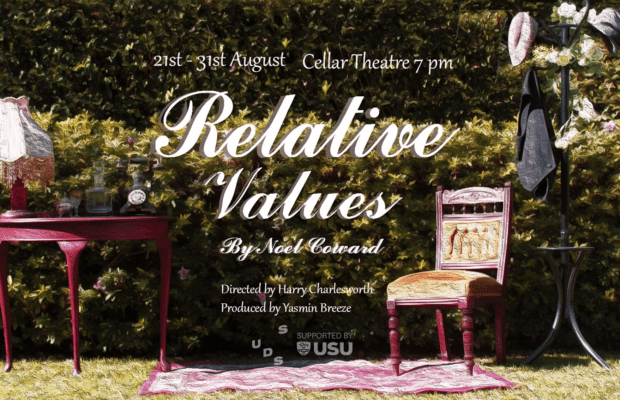 Poster for Relative Values depicting empty chairs in front of a green bush