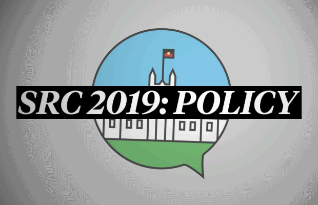 An animated GIF which displays a rotating SRC logo on a grey background with text over the top that says "SRC 2019: POLICY"