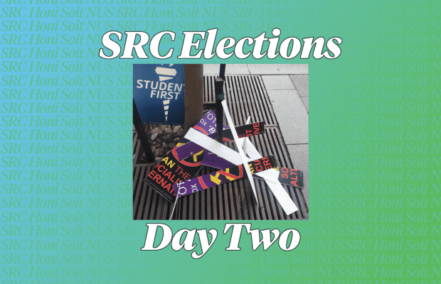 SRC elections and day two in text on SRC background and photo of smashed A-frames thanks to Eric