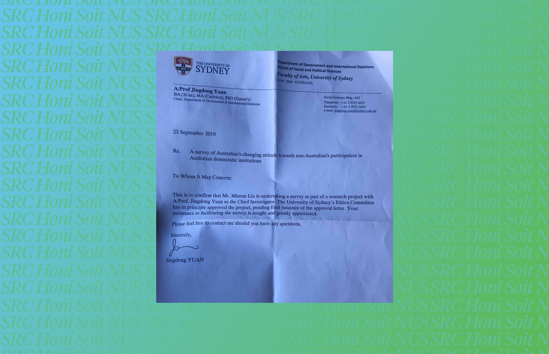 A photo of the letter supplied to research assistants over a green and blue background. The contents of the letter are discussed in the article.