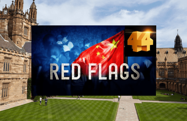 An image of the University of Sydney quad with the Four Corners promotional image for their 'Red Flags' episode super imposed over the top. The promotional graphic features a Chinese flag with the words 'Red Flags' over the top, as well as the Four Corners logo