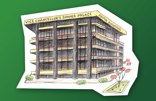 A pencil illustration of the F23 administration building. On the top of the building it says: "Vice-Chancellor's Summer Palace" and "Admin Building"
