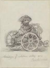 Image Description: A pencil drawing of a small man riding in a wooden makeshift wheelchair. 